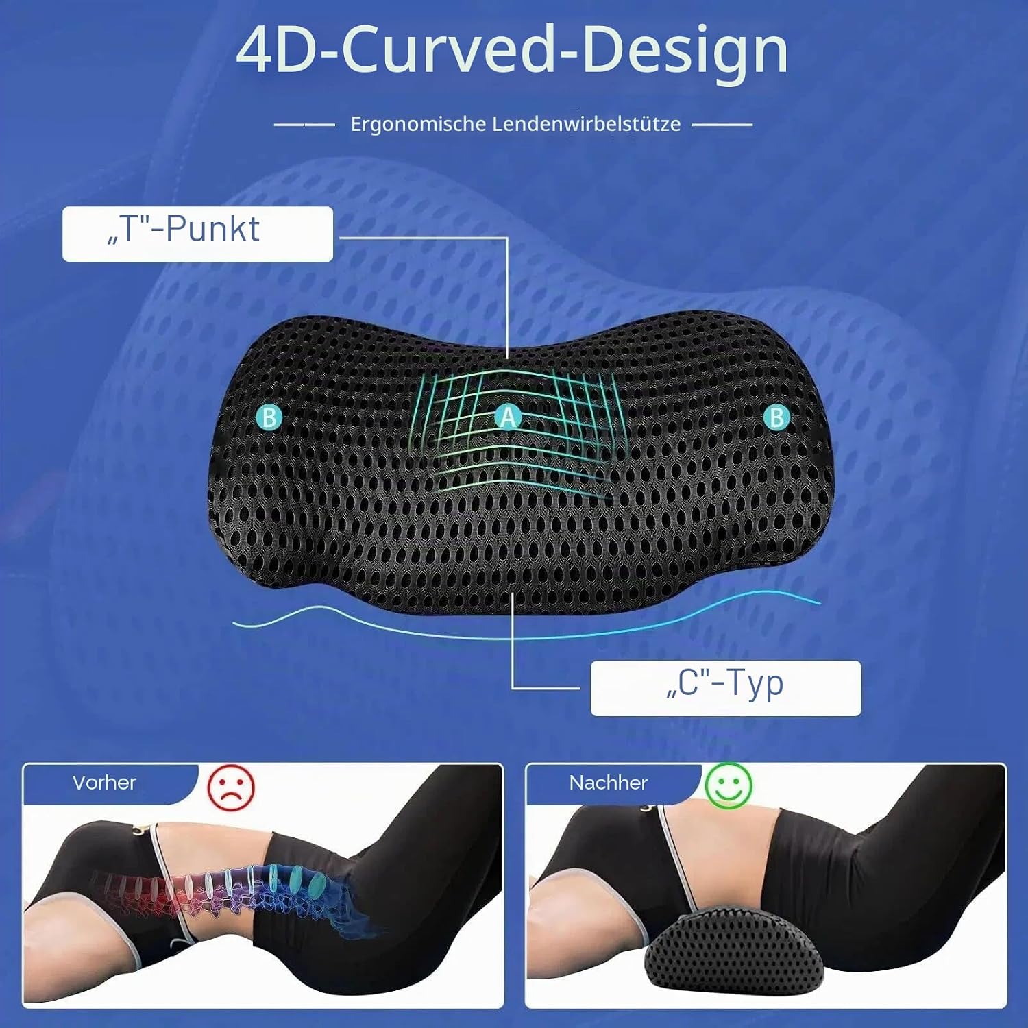 Ergonomisches Lendenwirbelstützkissen, Premium Memory Foam Rückenkissen für Bürostuhl, Auto & Gaming - Orthopädisches Design zur Schmerzlinderung im unteren Rücken, atmungsaktiver 4D-Netzbezug mit – Bild 4