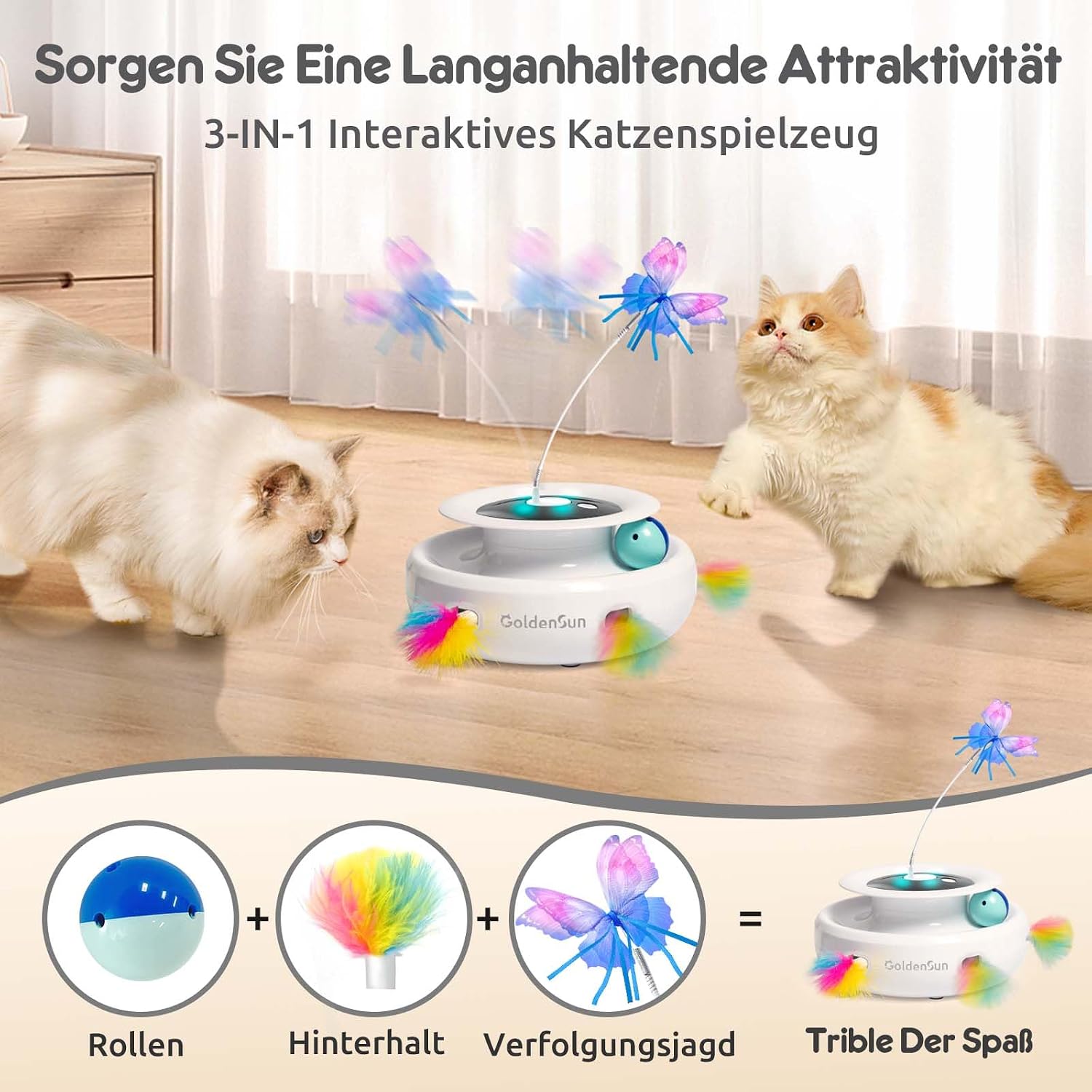 GoldenSun 3 in 1 Interaktives Katzenspielzeug, Elektrisch Automatischer Spielzeug für Katzen, Whack-A-Mole, Fluttering Butterfly, inklusive Ball, USB Wiederaufladbar Katzen Teaser mit 4 Aufsätzen – Bild 2