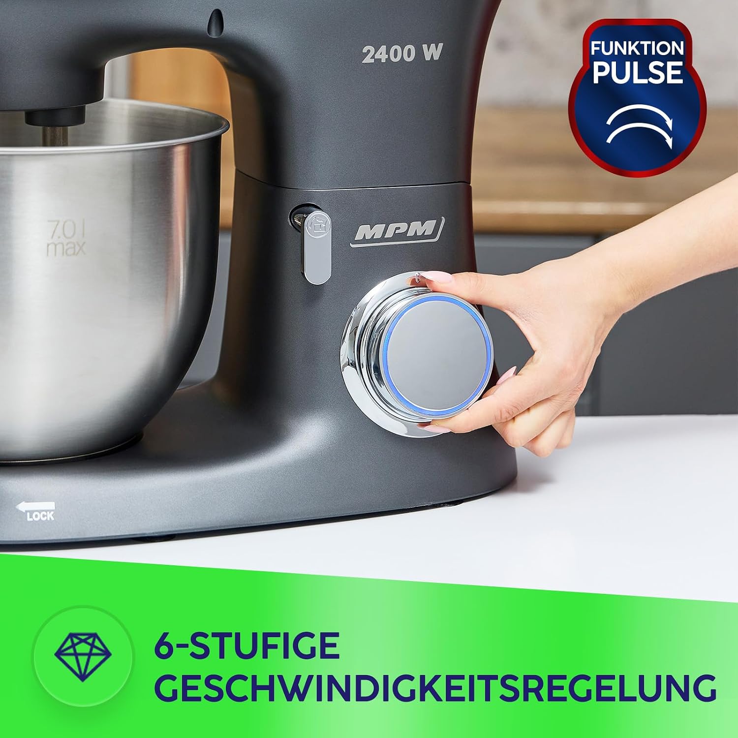 MPM Planetarische Küchenmaschine MRK-23 - Multifunktional Mixer Küche 7l - Küchengeräte Vielseitig Einsetzbar max. 2400W - Zwei Schüsseln - Drei wechselbare Rührbesen – Bild 5
