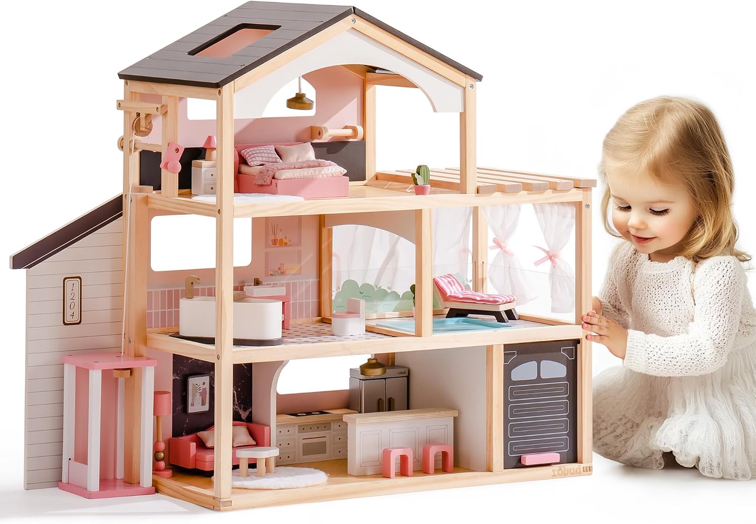 ROBUD Puppenhaus aus Holz,Puppen-Villa mit Möbel,Mit Aufzug, Garage, Pavillon und Schwimmbad,Geschenk für Kinder ab 3, 4, 5, 6 Jahren und älter,Schwarz – Bild 8
