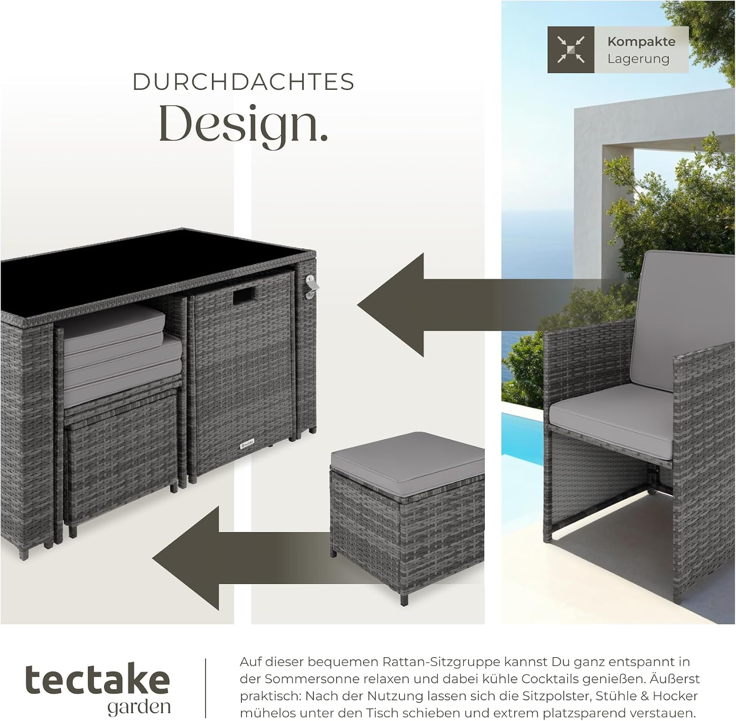 tectake Poly Rattan Sitzgruppe, 5- teiliges Lounge Gartenmöbel Set mit Tisch, Sessel & Hocker, Essgruppe für bis zu 4 Personen, Garten und Balkon Möbel inkl. Polster - grau – Bild 4