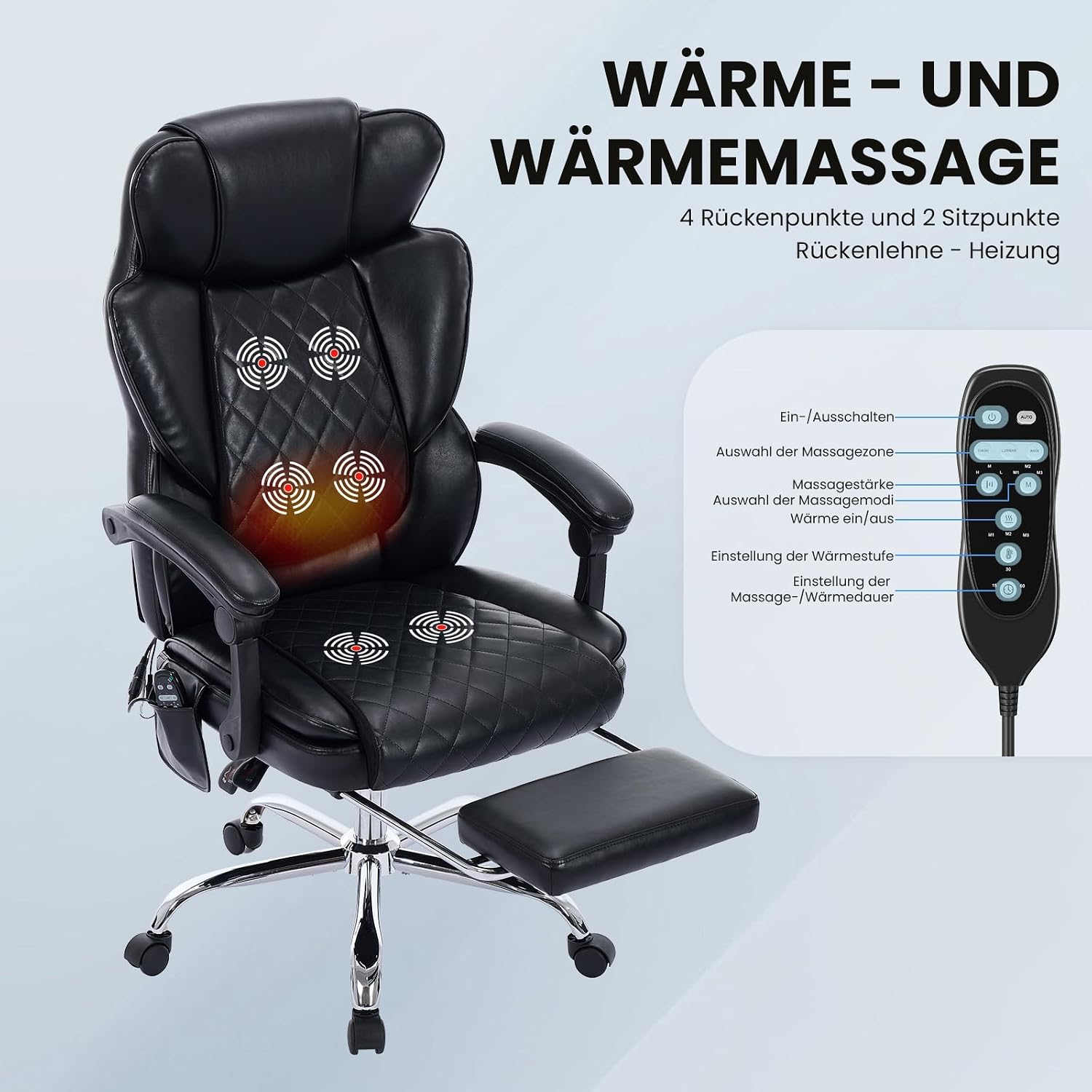 Bürostuhl Ergonomisch mit Massagefunktion, Ergonomischer Schreibtischstuhl mit Heizfunktion, Chefsessel mit Fußstütze, 360° Drehstuhl, 94-125° Verstellbarer Rückenlehne, für Office, Schwarz – Bild 6