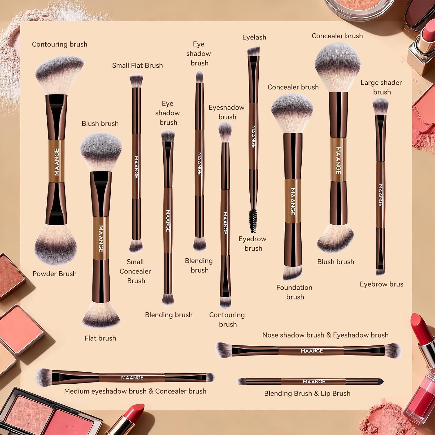 MAANGE 13-teiliges Make up Pinsel Set mit Etui – Professionelle Daily & Travel Schminkpinsel-Set für Foundation,Puder & Lidschatten, Doppelseitiger Makeup Pinsel, Kaffee Gold – Bild 3