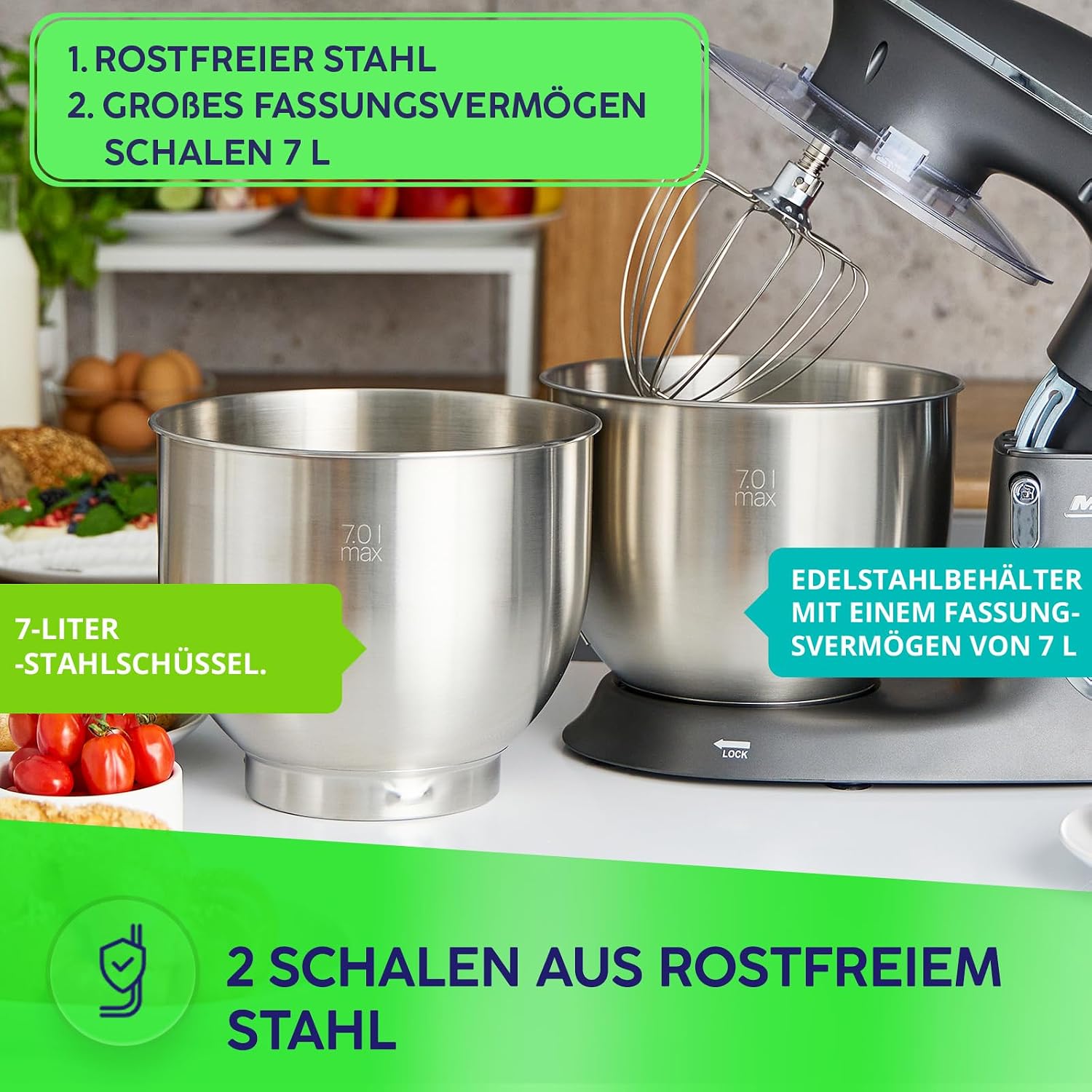 MPM Planetarische Küchenmaschine MRK-23 - Multifunktional Mixer Küche 7l - Küchengeräte Vielseitig Einsetzbar max. 2400W - Zwei Schüsseln - Drei wechselbare Rührbesen – Bild 3
