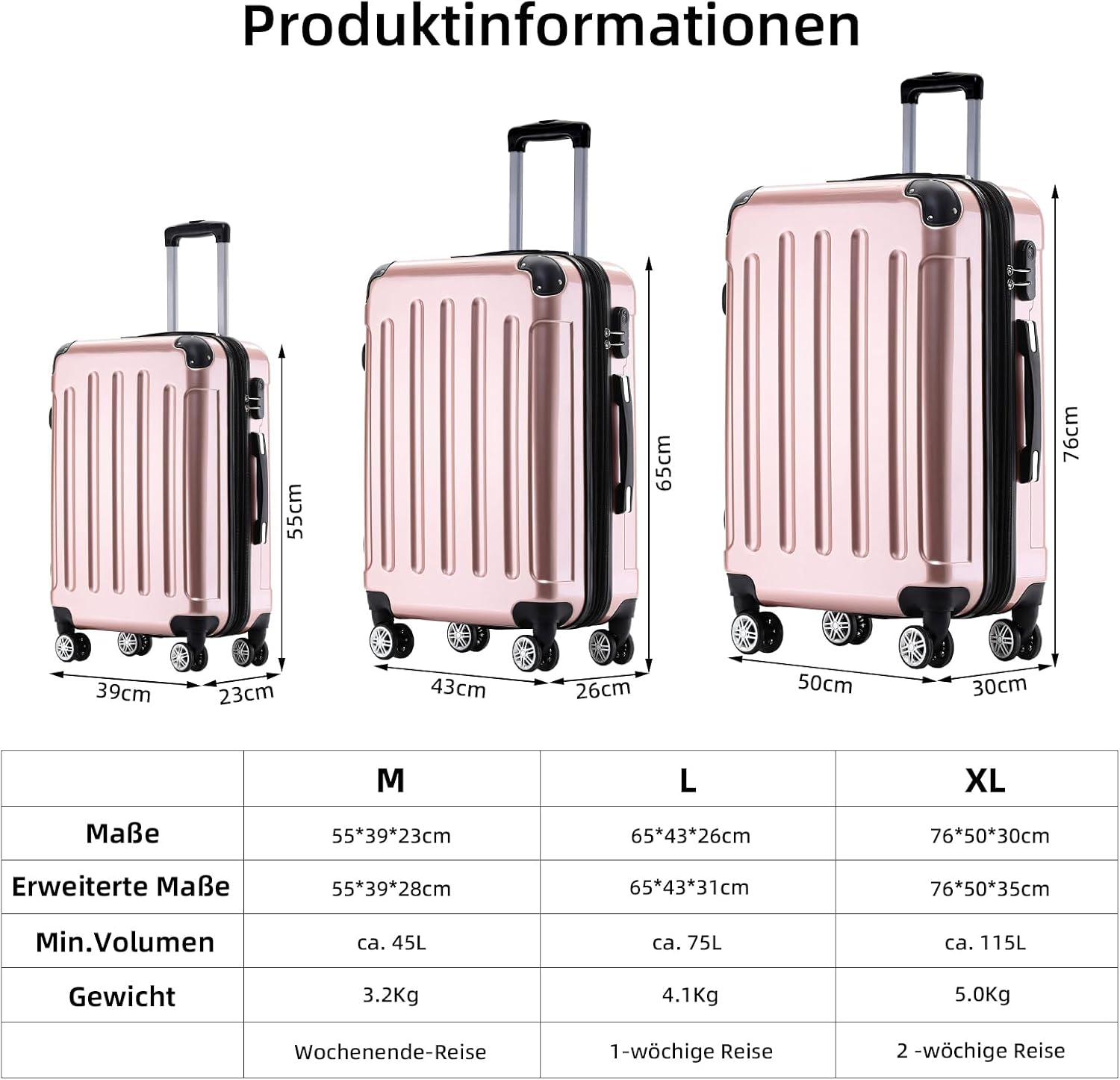 BEIBYE- 3er Kofferset Hartschalen-Koffer Reisekoffer Trolley Rollkoffer Set Reisekofferset (Rosa Gold) – Bild 7