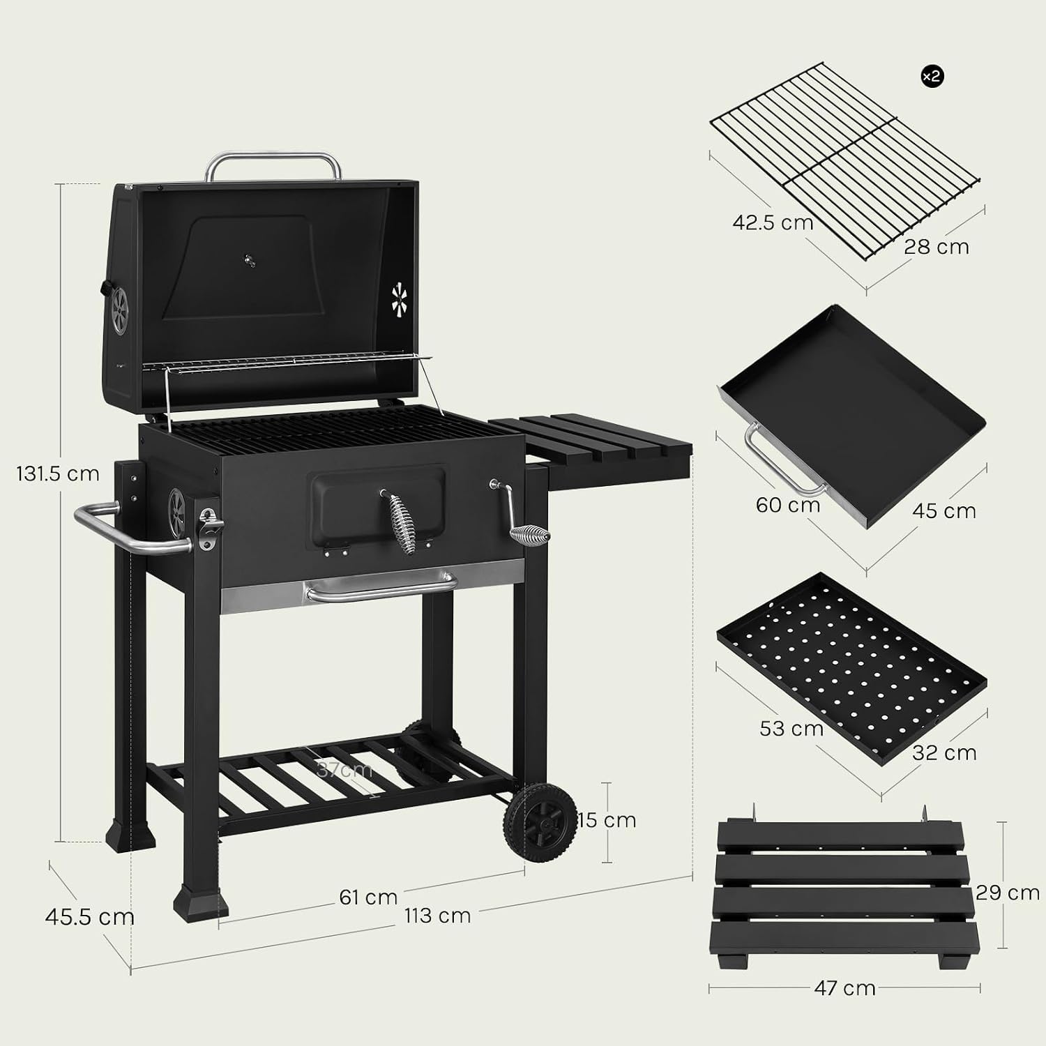 WOLTU Holzkohlegrill mit Deckel, große Grillfläche, variable Kohlewanne, Smoker Grill BBQ mit Grillrost, Thermometer, Grillwagen für Camping, 117 x 107 x 71 cm, Schwarz – Bild 3