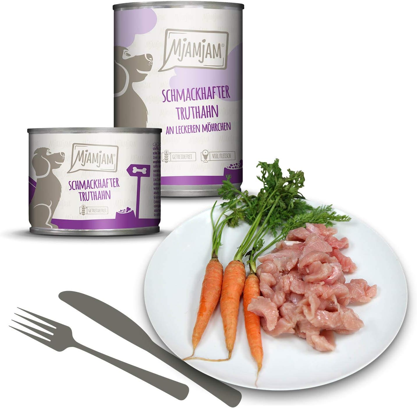 MjAMjAM - Premium Nassfutter für Hunde - Mixpaket II - mit Huhn & Ente, Rind, Pute, Kalb, Truthahn, Lamm, 6er Pack (6 x 400 g), naturbelassen mit extra viel Fleisch – Bild 4