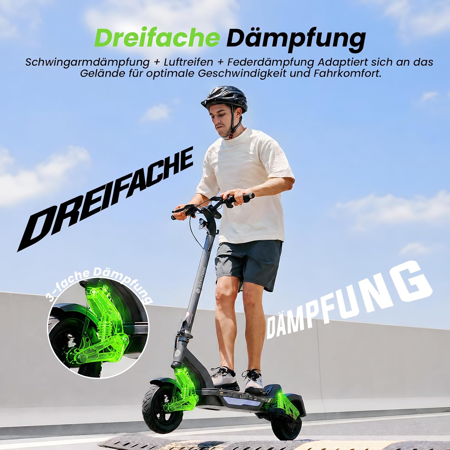 isinwheel S-Nova Pro E Scooter mit Straßenzulassung, Bis 70km Reichweite 500W Motor, Federung & Luftreifen für maximalen Fahrkomfort, Klappbar City E-Roller für Pendler – Bild 4