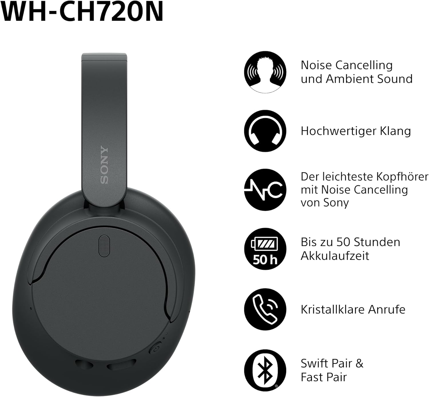 Sony WH-CH720N Kabelloser Bluetooth-Kopfhörer mit Noise Cancelling - bis zu 35 Stunden Akkulaufzeit und Schnellladefunktion - Schwarz – Bild 3