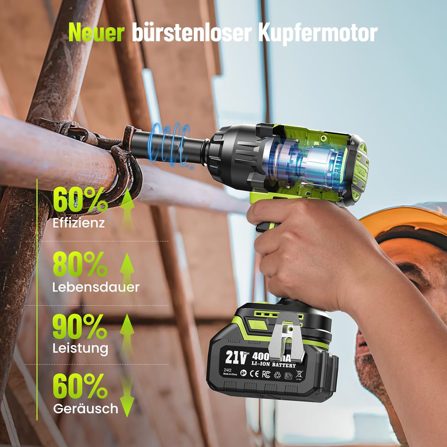 Robustrue 1400N.m Akku Schlagschrauber 1/2 Zoll, Bürstenloser Hochdrehmoment Schlagschrauber, 2400 U/min, 2×4,0Ah Akkus, Schnellladegerät, Für LKW, Wohnmobil, Rasenmäher – Bild 3
