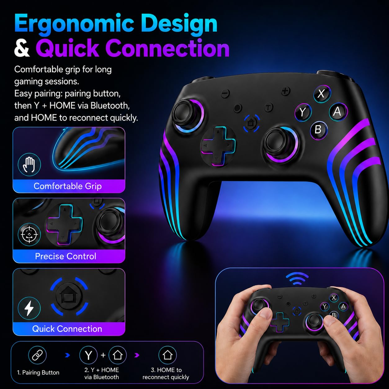 Riscvma 2pcs Switch 2 Controller für Switch/Switch 2/Lite/OLED/PC, Controller für Switch mit 7 Farbwechselnde RGB Beleuchtung/Dual Vibration/6 Achsen Gyroskop/Turbo, Ergonomisch Präzise Joystick – Bild 8