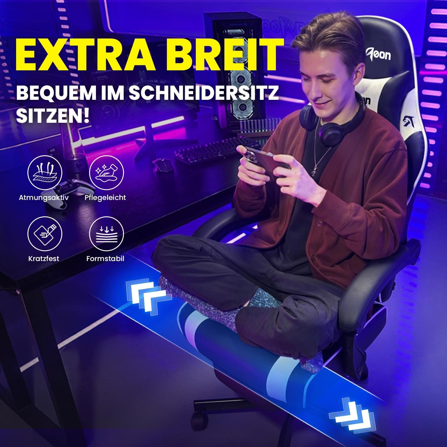 Gaming Stuhl Chair Gamer Sessel - Verstellbarer PC Drehsessel gepolstert Fußstütze Kopf und Lordosenstütze 51 cm Breiter Sitz Stabiler Einteilrahmen 90‑135° Neigung Tragkraft 280 Kg Tiefschwarz – Bild 8