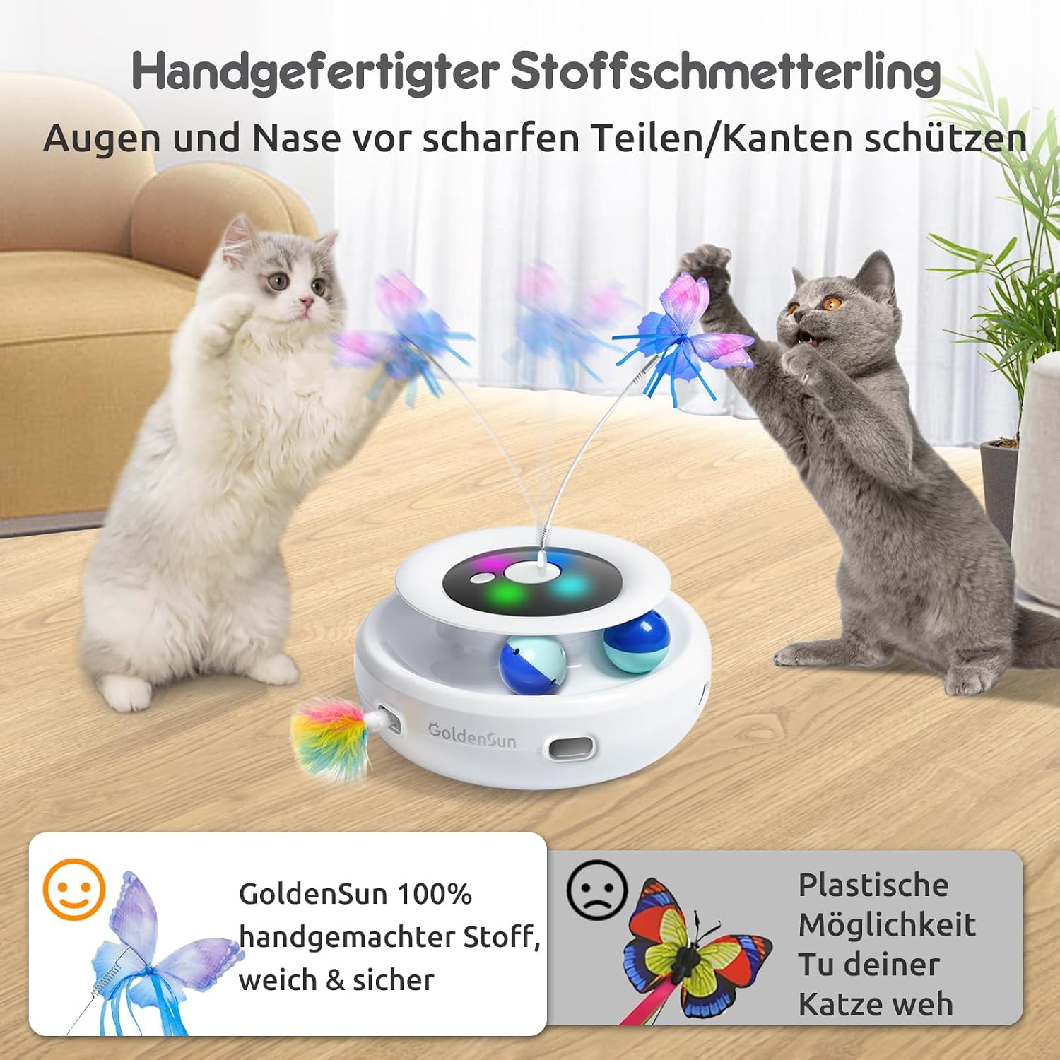 GoldenSun 3 in 1 Interaktives Katzenspielzeug, Elektrisch Automatischer Spielzeug für Katzen, Whack-A-Mole, Fluttering Butterfly, inklusive Ball, USB Wiederaufladbar Katzen Teaser mit 4 Aufsätzen – Bild 5