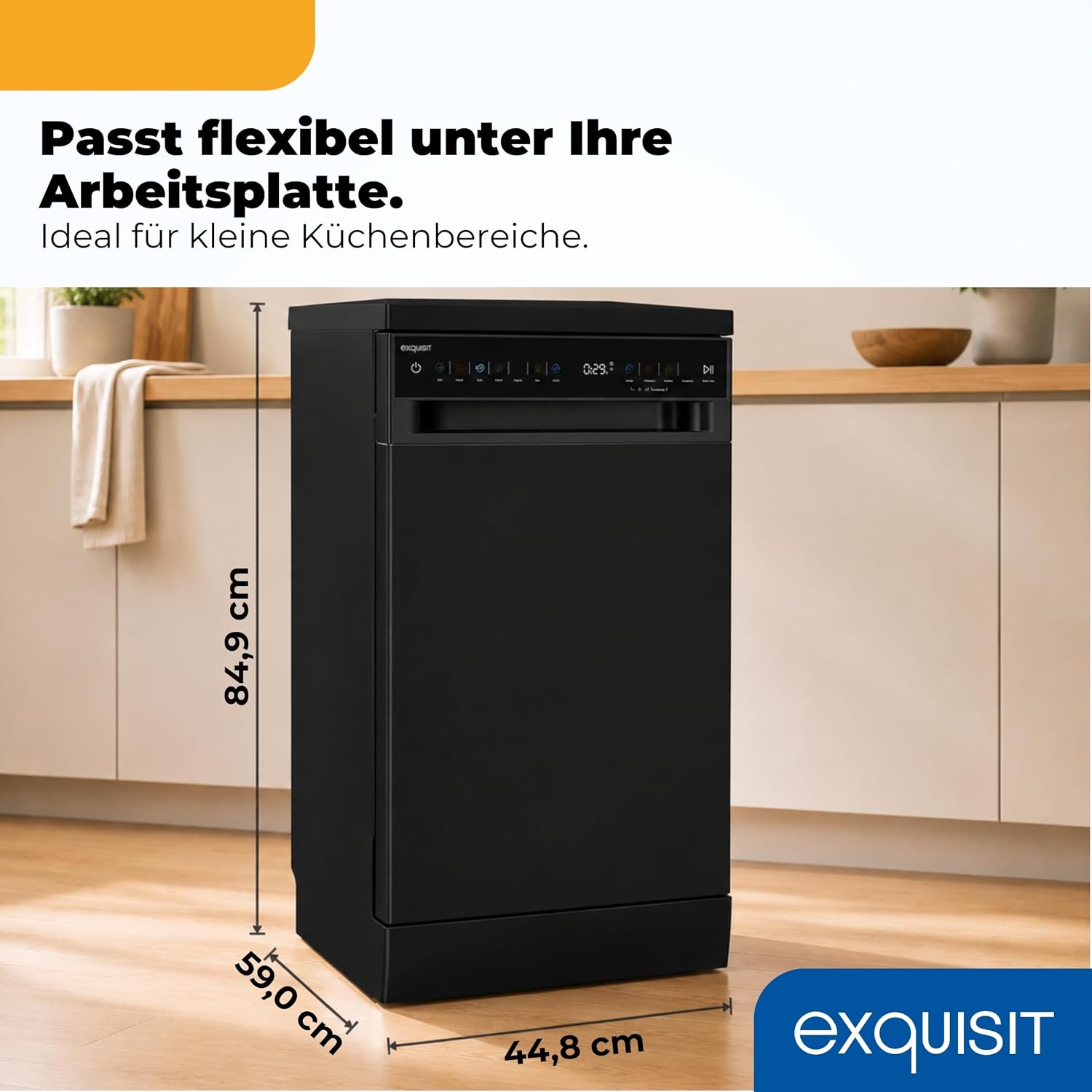 Exquisit Geschirrspüler 11 Maßgedecke | Energieklasse C | 7 Programme | Eco, Intensiv & Glas | Aquastop | Besteckschublade | Extra-Trocknung | Startzeitvorwahl 24 h | Unterbaufähig | Schwarz – Bild 3