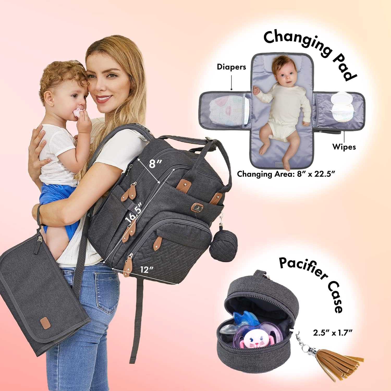 Dikaslon Wickeltasche Rucksack Großer Wickelrucksack mit Multifunktions-Babytaschen und mobiler Wickelauflage - Schnullerhalter und Kinderwagengurte - für Mama und Papa, Einheitsgröße – Bild 2