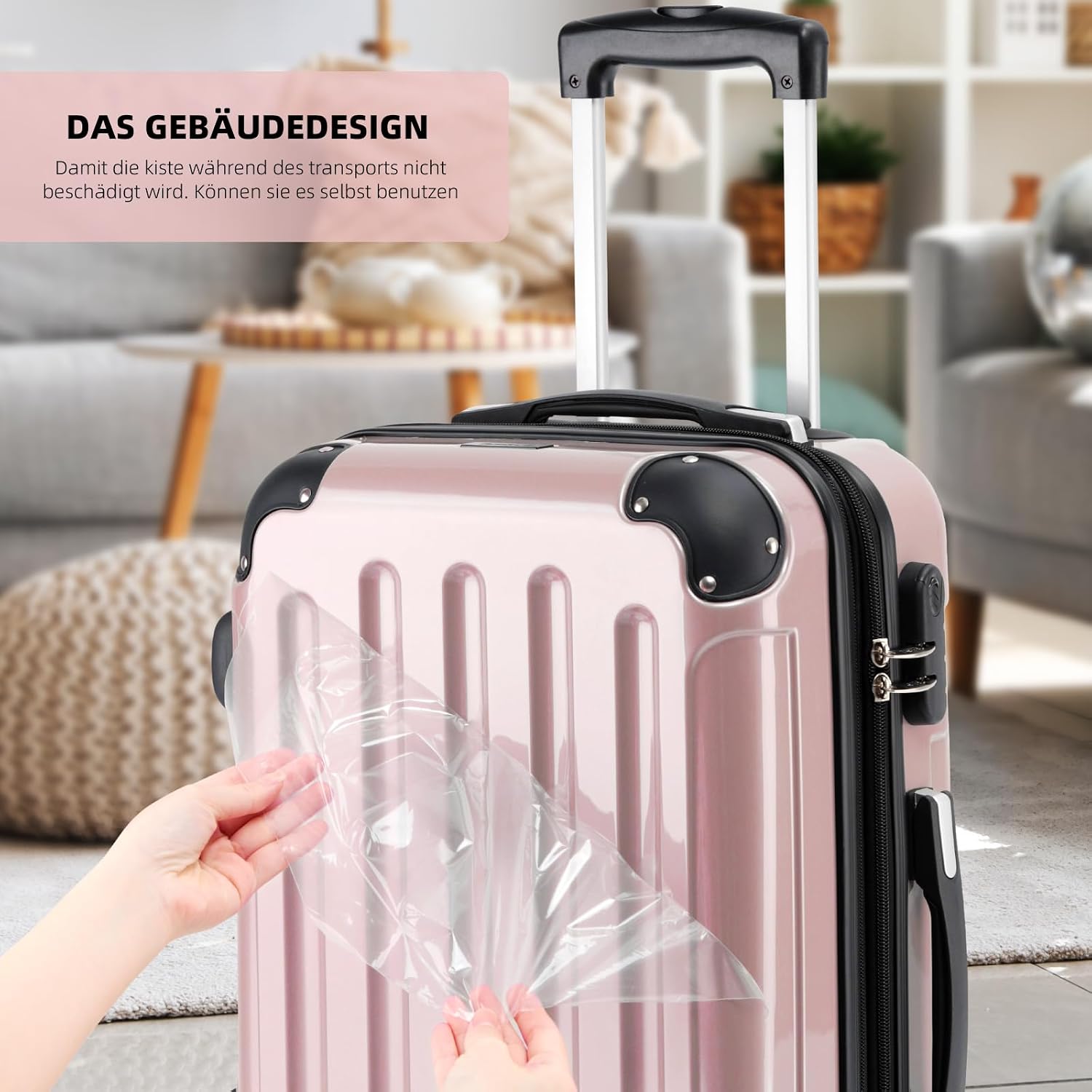 BEIBYE- 3er Kofferset Hartschalen-Koffer Reisekoffer Trolley Rollkoffer Set Reisekofferset (Rosa Gold) – Bild 4