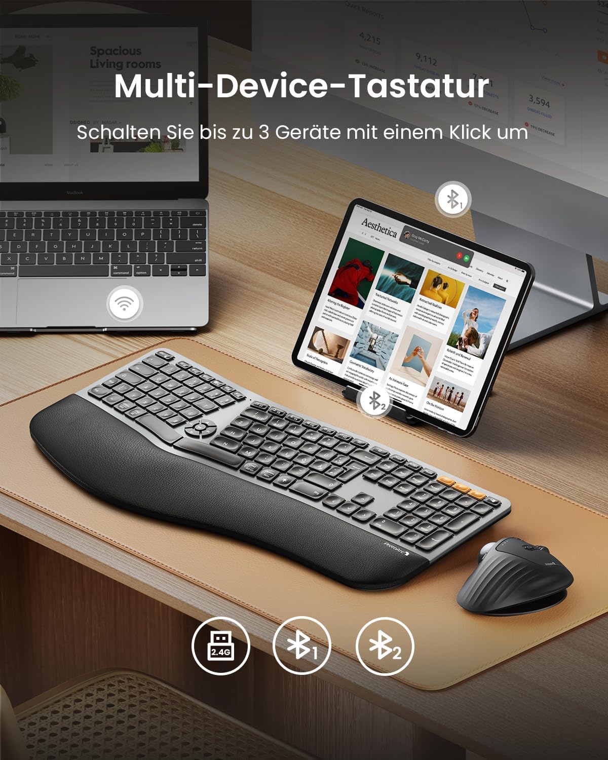 ProtoArc EK01 Plus Beleuchtet Ergonomische Tastatur Kabellos, Full Size – Bild 6