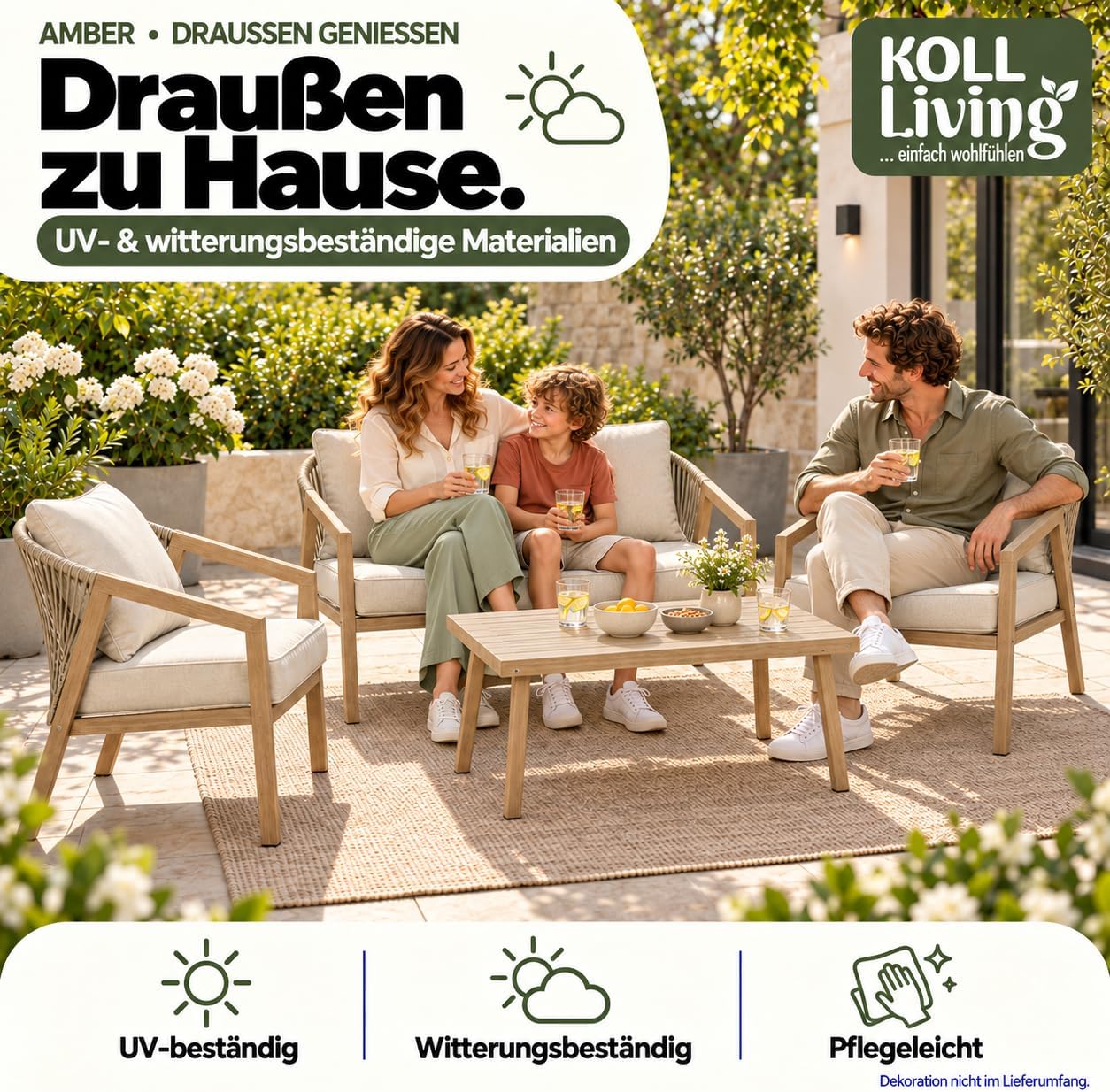 Koll Living Lounge-Set Amber | Outdoor Sitzgruppe mit Gartensofa, Gartensesseln & Tisch | Stahlgestellt in Holzoptik | Wetterfest & UV-beständig | Mix & Match Gartenlounge Beige/Braun – Bild 7