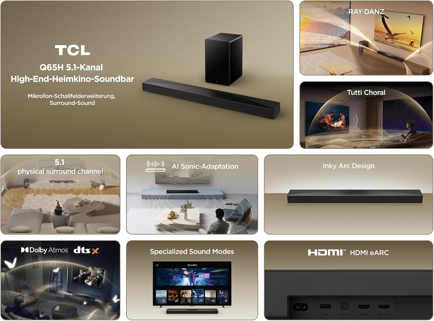 TCL Q65H Soundbar 5.1 Kanal, 580W Heimkino-Lautsprecher mit Cinema Surround, Dolby Atmos, DTS:X, Sound Expansion, Bluetooth 5.3, HDMI eARC, USB, Optisch, Wandmontage möglich, Eine Fernbedienung – Bild 4