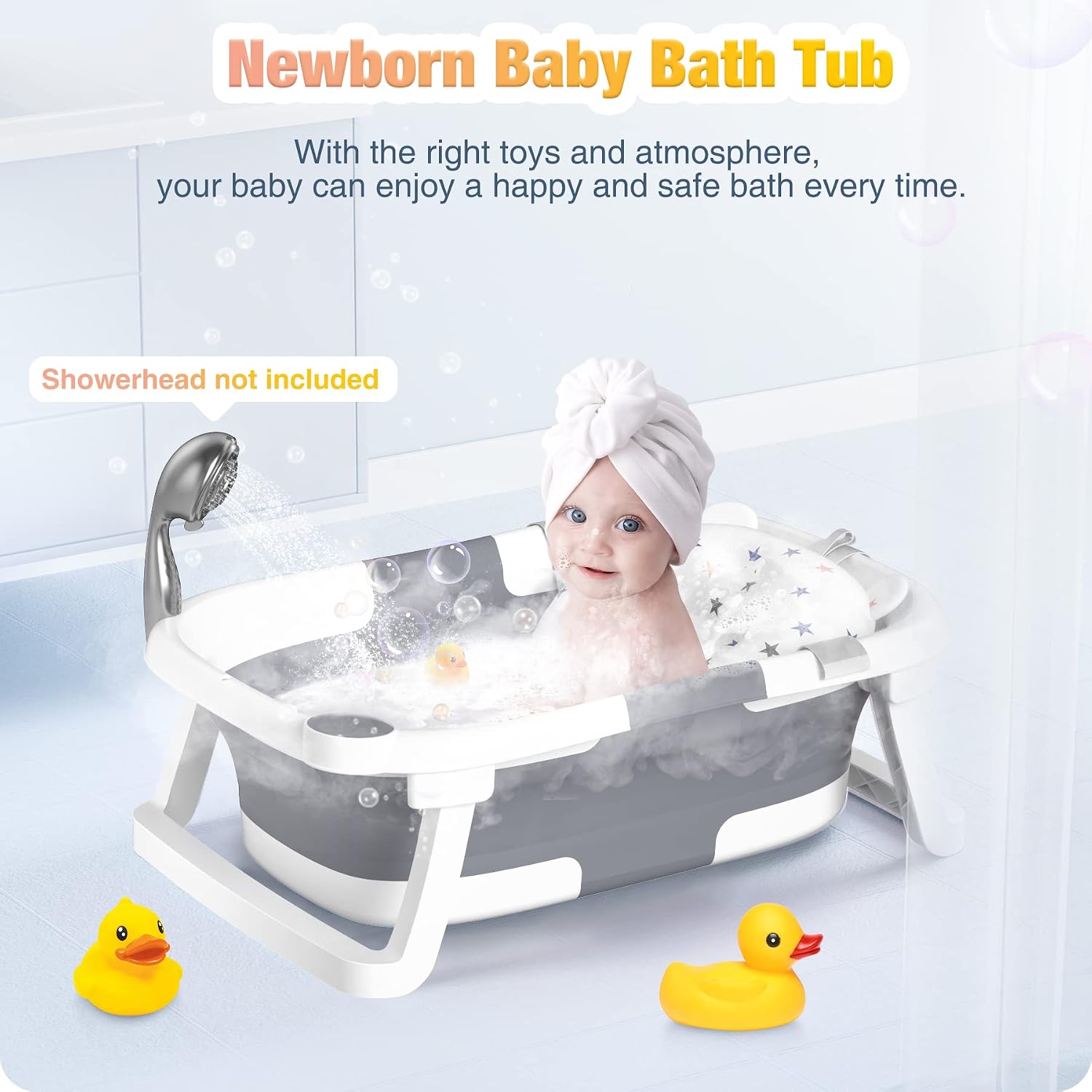 Baby Badewanne Faltbare, Baby Bathtub Babywanne Faltbar Babybadewanne Tragbare Wanne für Neugeborene Kleinkinder mit Rutschfester Matte und Abflussloch (Kein Thermometer) (Grau) – Bild 2
