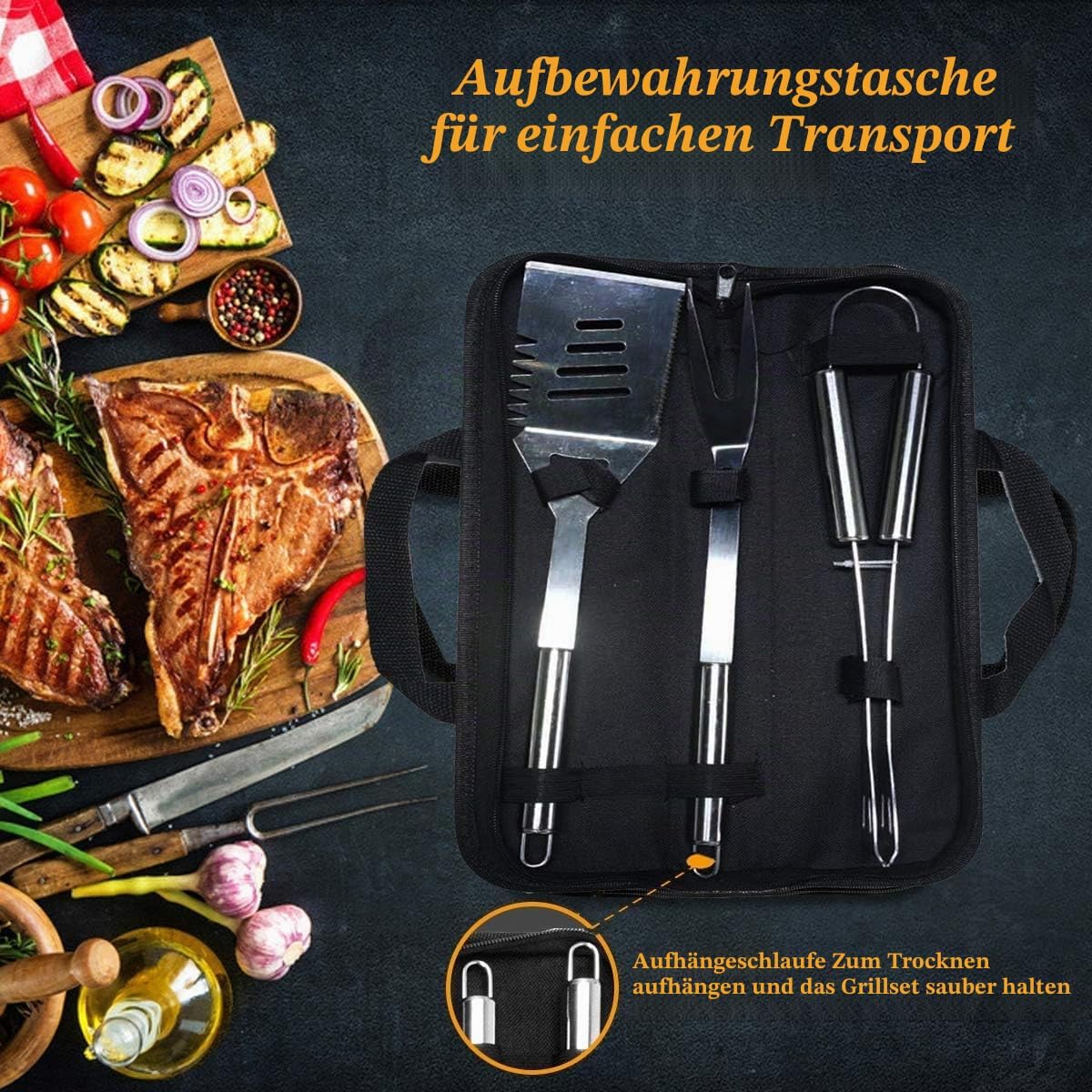 3PCS Edelstahl Grillbesteck-Set, Professionelle Grill Bestecksets in Tragetasche BBQ Grillwerkzeug Grillset – Bild 4