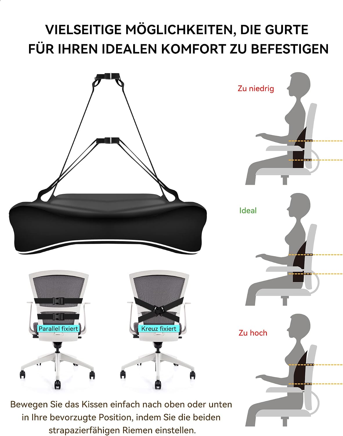 Travel Ease Ergonomisches RückenKissen aus Memory Foam, Lendenkissen für Bürostuhl, Schreibtischstuhl, mit Antistatischem, hautfreundlichem Bezug und für eine Bequeme Sitzhaltung (Schwarz) – Bild 6