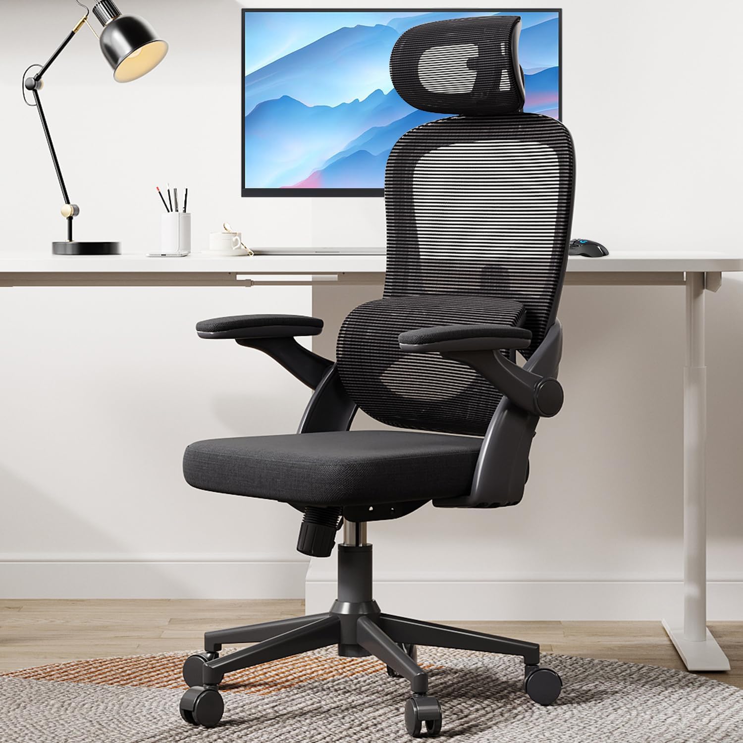 SIHOO M102C Bürostuhl Ergonomisch Schreibtischstuhl, Drehstuhl mit 3D-Armlehnen, Hohe Rückenlehne Lendenwirbelstütze Nach Oben und Unten, Höhenverstellung und Wippfunktion Schwarz – Bild 2