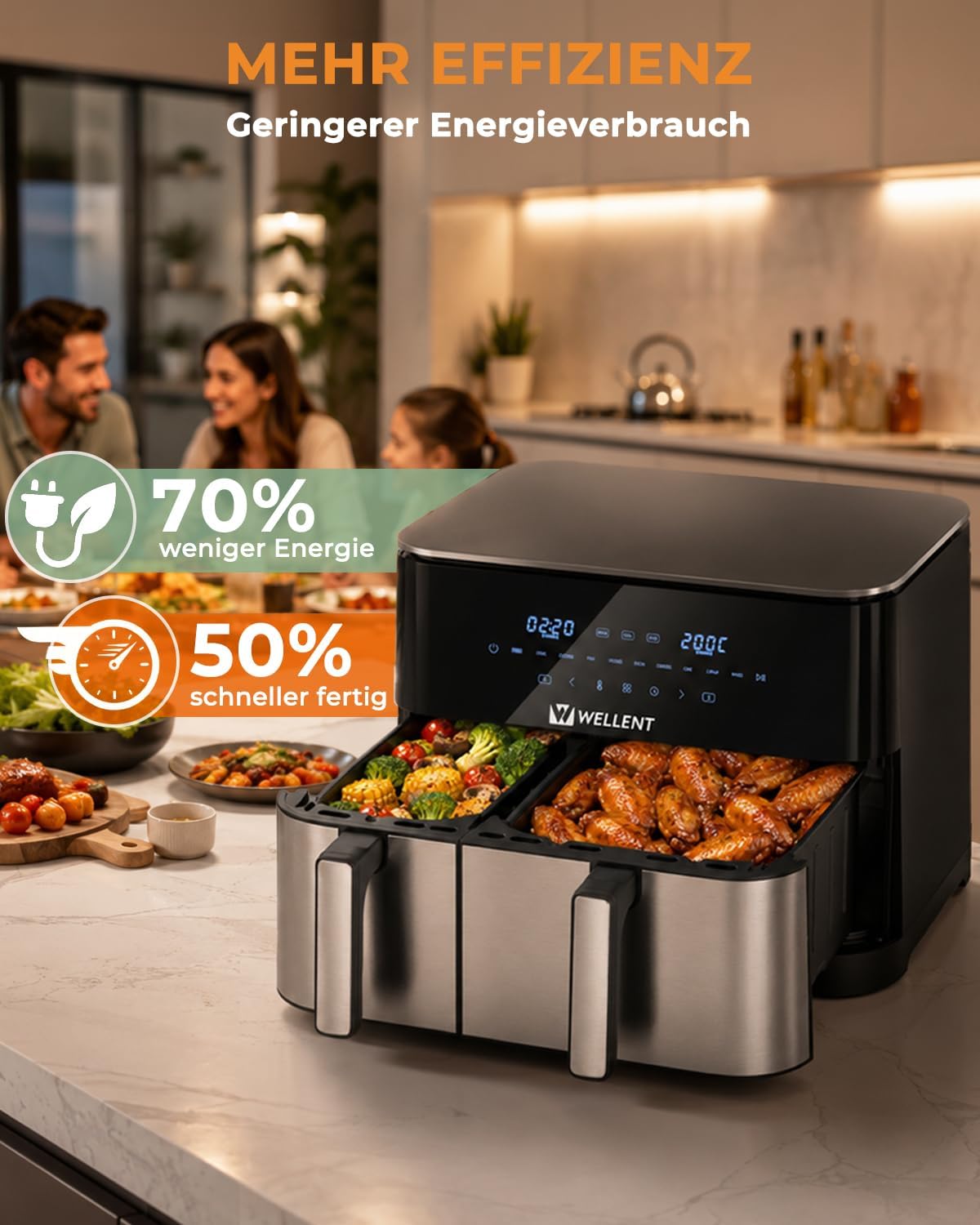 WELLENT 11L Airfryer 2 Kammern (4+7L), 10-in-1 XXL Heißluftfritteuse – Bild 7