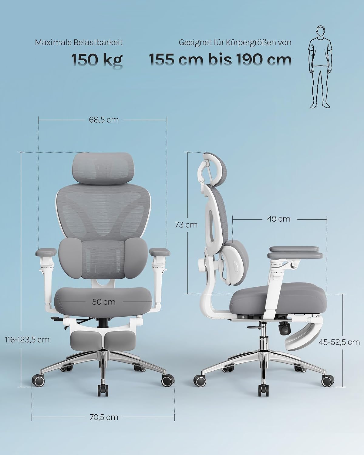WOLTU Bürostuhl Ergonomisch, Schreibtischstuhl, 6D Armlehnen Grau+Weiß – Bild 3