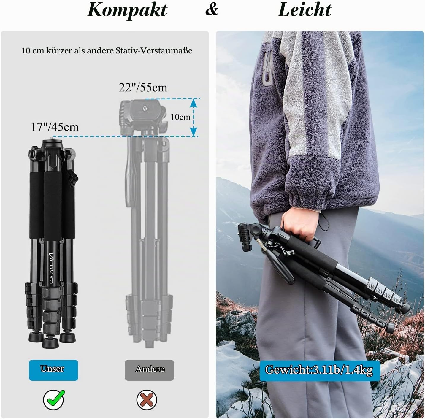 Victiv Kamera Stativ mit 52–160-185cm Höhe, Leichtes Aluminium Kamerastativ – Bild 3