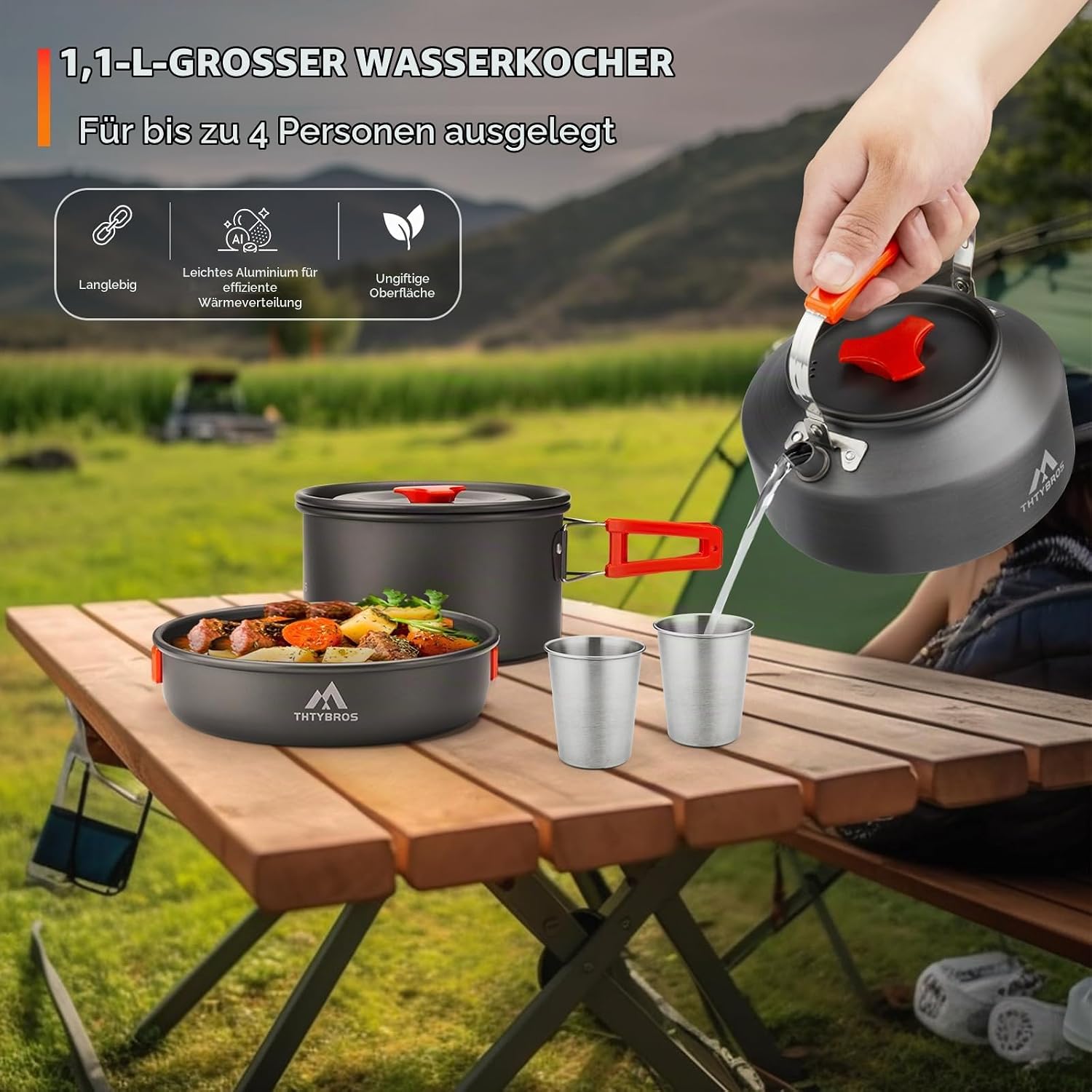 THTYBROS 17-teiliges Camping-Kochgeschirr-Set, hart eloxiertes Aluminium-Topf-Pfanne-Kessel mit 2 Edelstahl-Tassen, Teller, Besteck für Outdoor-Wandern, Rucksackreisen, Picknick – Bild 7