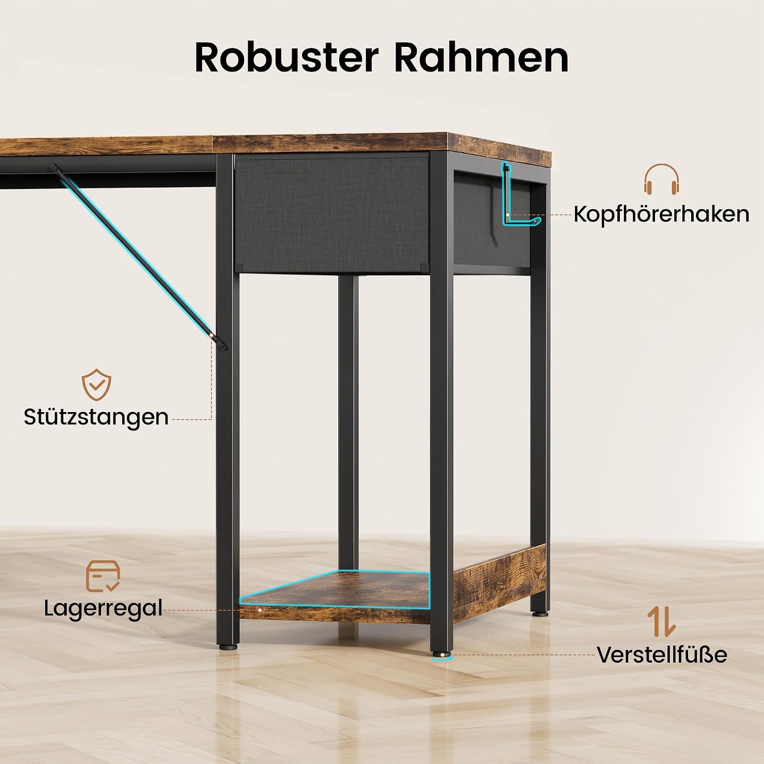 YOUDENOVA Schreibtisch mit 4 Schubladen, Computertisch 140cm CPU-Ständer & offenes Ablagefach, Stabiler Bürotisch PC Tisch Officetisch Für Büro, Wohnzimmer, Home Office Gaming Braun – Bild 6