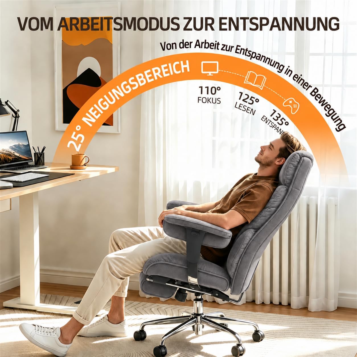 Efomao Bürostuhl, Stoffstuhl Ergonomisch mit Fußstütze, Komfortabler Polsterstuhl bis 200kg mit Lendenkissen & Nackenkissen, Höhenverstellbarer Schreibtischstuhl – Bild 2