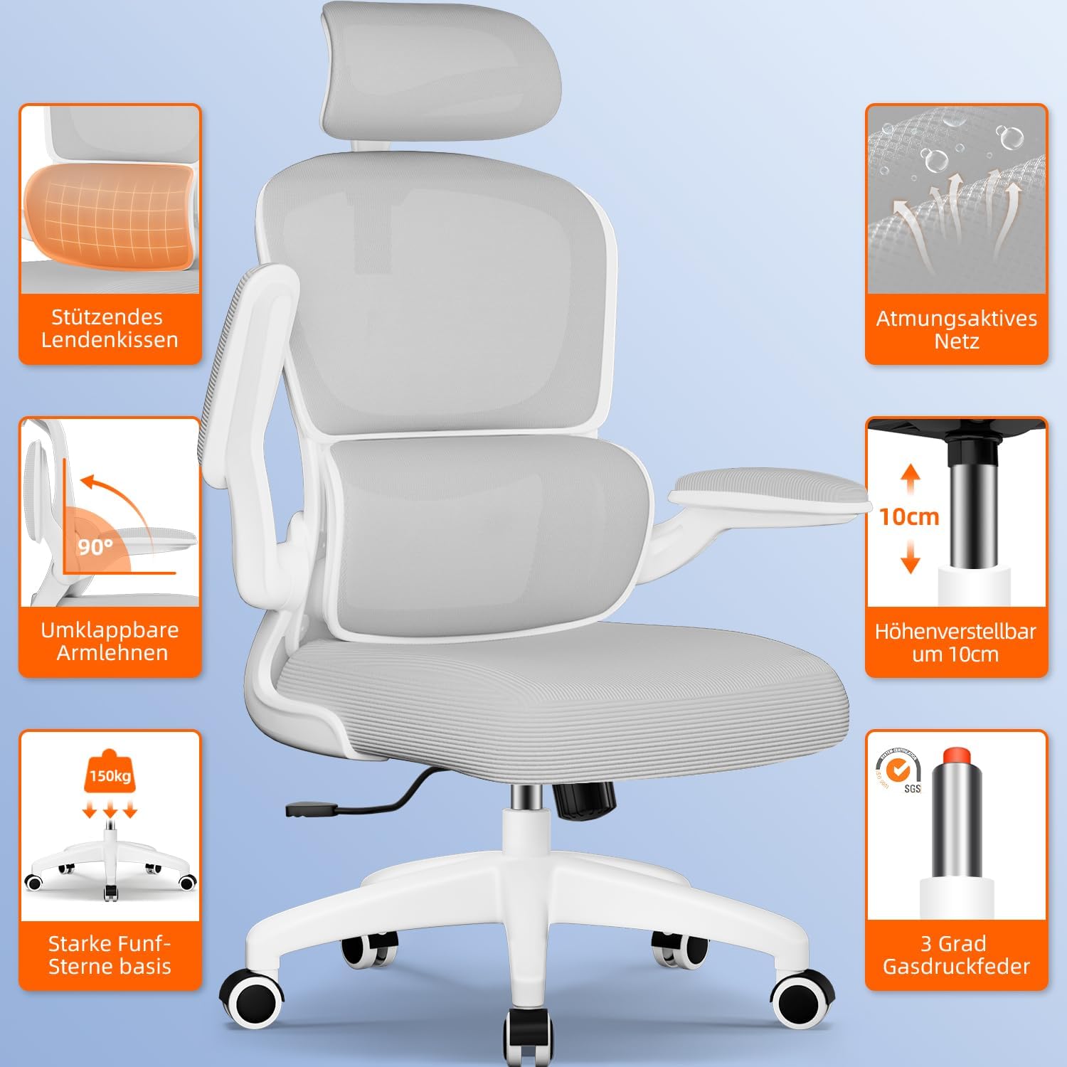 Bürostuhl, Bürostuhl Ergonomisch mit Klappbaren Armlehnen und Lendenwirbelstütze, Verstellbarer Kopfstütze, Wippfunktion bis 135°, Schreibtischstuhls 150 kg, Geeignet für Homeoffice und Gaming, Grau – Bild 5