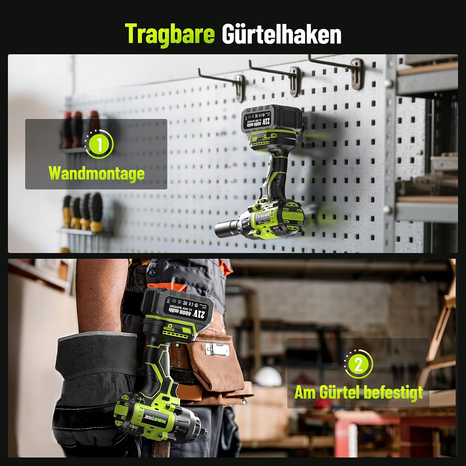 Robustrue 1400N.m Akku Schlagschrauber 1/2 Zoll, Bürstenloser Hochdrehmoment Schlagschrauber, 2400 U/min, 2×4,0Ah Akkus, Schnellladegerät, Für LKW, Wohnmobil, Rasenmäher – Bild 7