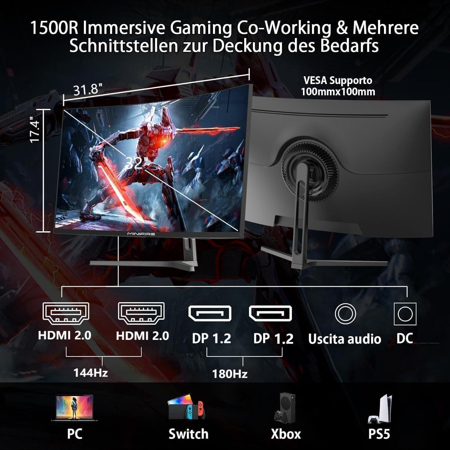 Minifire Gaming Curved Monitor 32 Zoll 180Hz, 2K WQHD(2560 x 1440), 1500R,1ms(MPRT), AMD FreeSync, sRGB 125%, VESA,2xHDMI 2.0 / 2xDP (180Hz), Augenpflege - MFG32C3Q – Bild 8