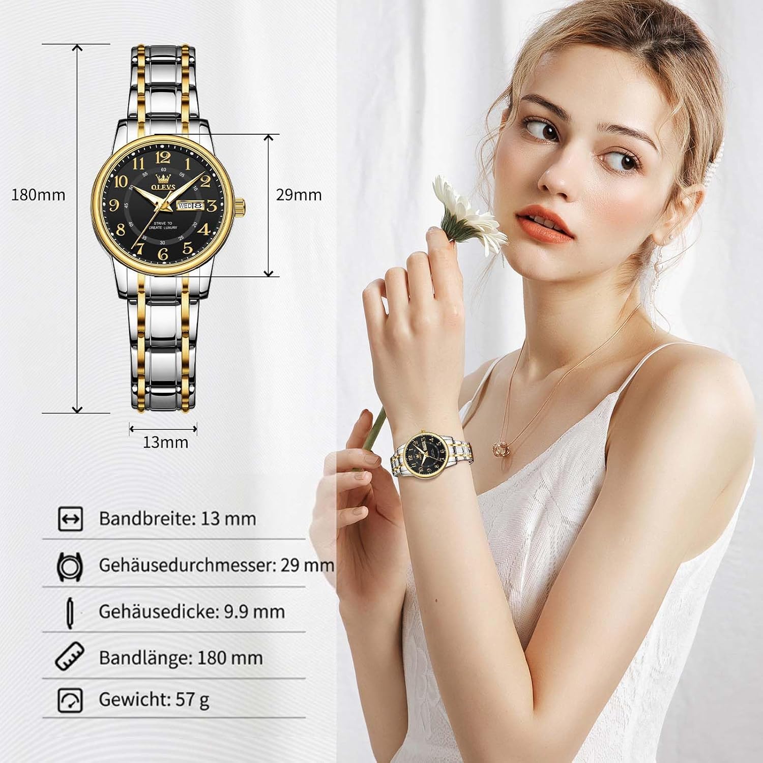 OLEVS Armbanduhr Damen 3Bar Wasserdicht mit Quarzwerk Klassische – Bild 3