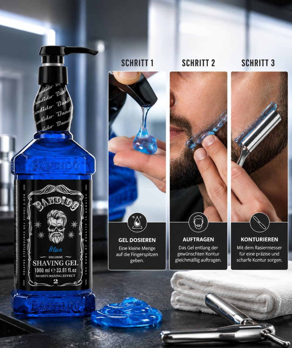 Bandido Shaving Gel Men Red & Blue 1000ml Rasiergel Transparent Männer Rasur Herren nicht-schäumend präzise Rasur der Bartkonturen mit jeder Rasierklinge Rasiermesser Herren verwendbar (Blue 1000ml) – Bild 3
