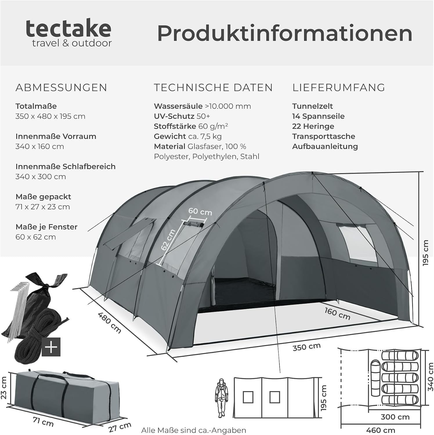 tectake® Tunnelzelt, 6 Personen, Familienzelt, Zelt groß mit Vorzelt und Bodenplane, UV-Schutz, Camping Zelt inkl. Tragetasche, 350 x 480 x 195 cm - dunkelgrau/hellgrau – Bild 6