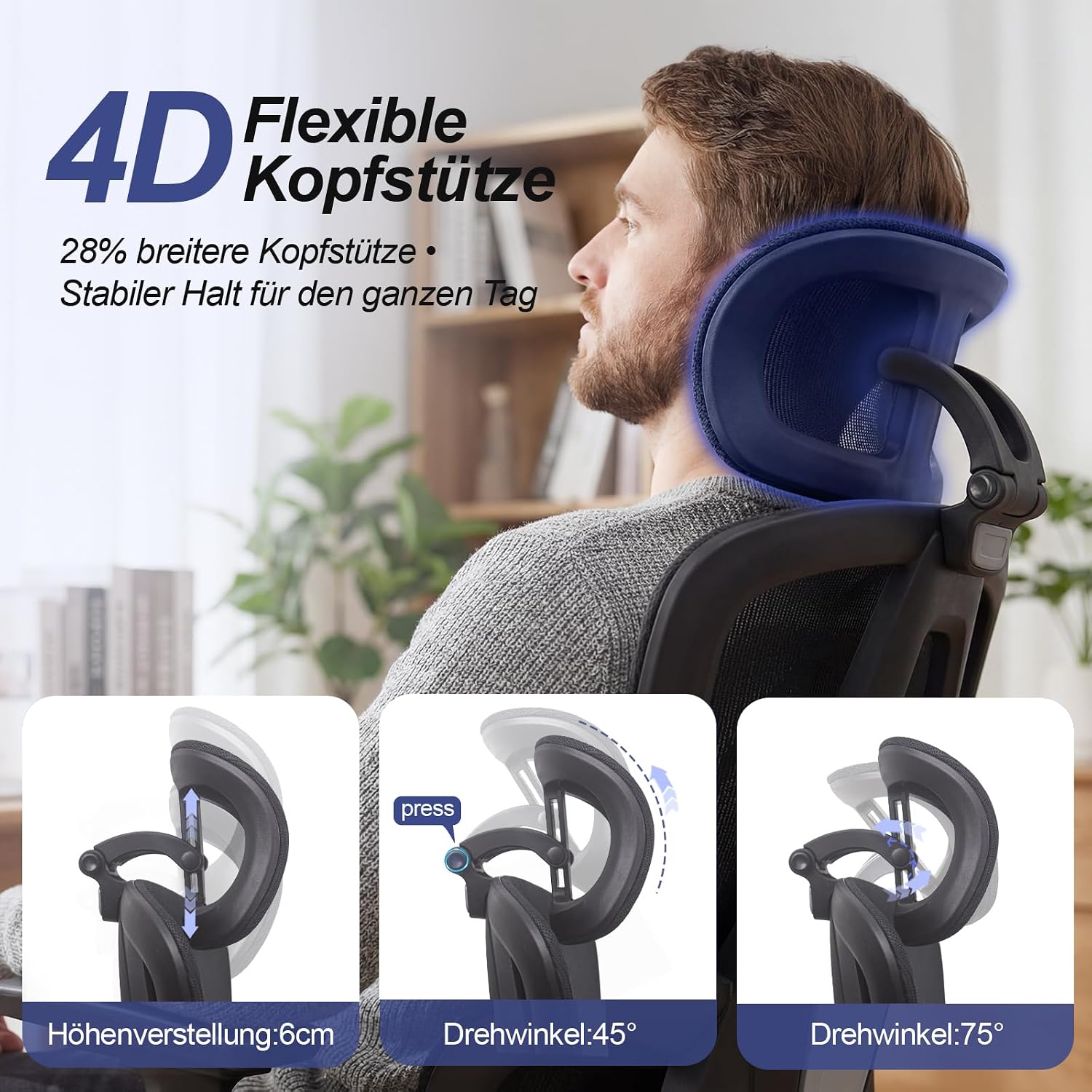 Bürostuhl Ergonomisch, Schreibtischstuhl mit Automatischer Lendenstütze (2-Fach höhenverstellbar), 4D-Kopfstütze, 4D-Armlehnen, Atmungsaktives Mesh, Drehstuhl bis 150 kg für Home Office & Büro – Bild 6