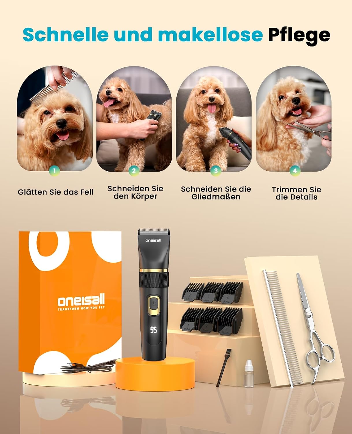 oneisall Leise Hundeschermaschine Upgrade Pro, Profi Schermaschine Hund Katze 2000mAh Wiederaufladbar, IPX7 Wasserdichtes Tierhaarschneidemaschine für die Fellpflege zu Hause – Bild 8