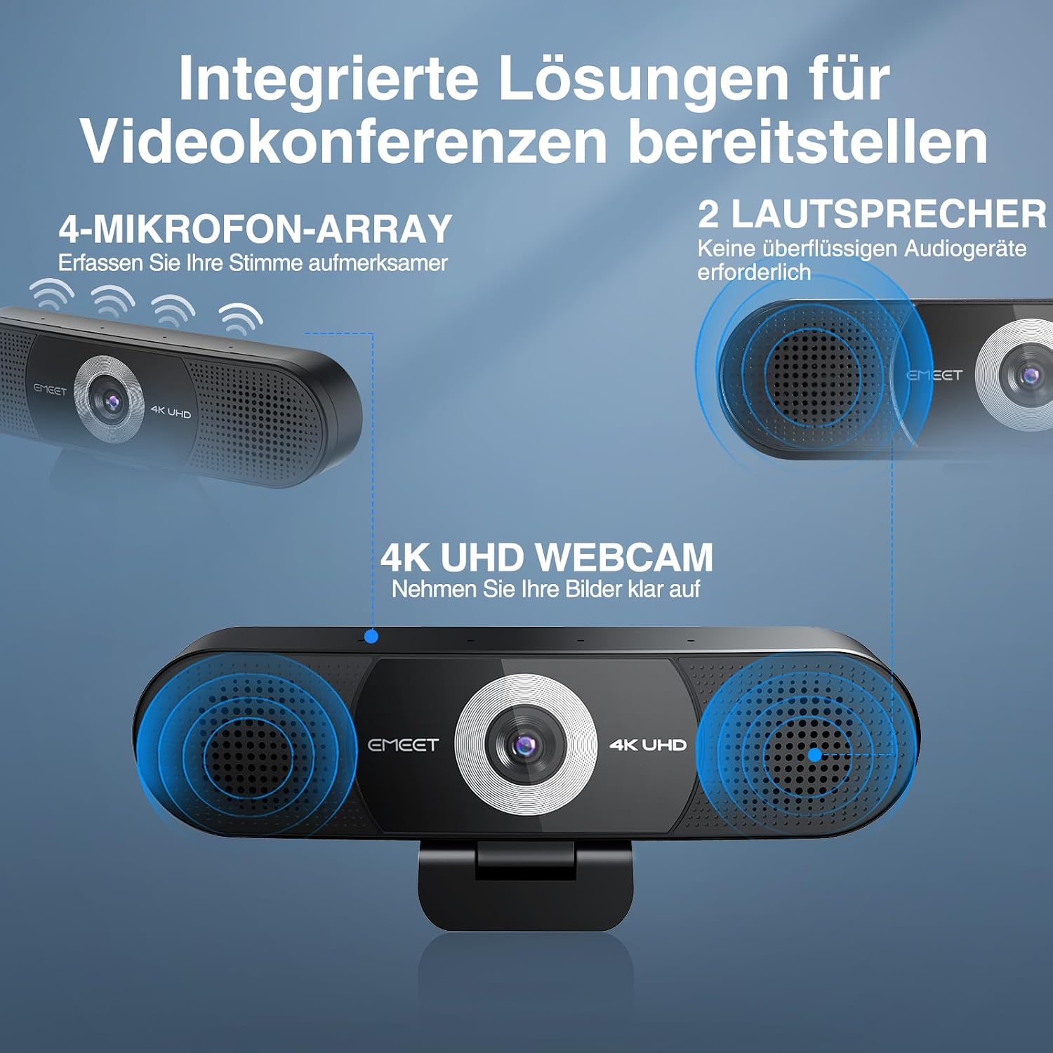 EMEET C980 Pro 4K Webcam mit Lautsprecher & Mikro, 3-in-1 für Meetings 3-in-1 Audio & Video|4 Clear-Mics mit ANC|2 Audio-Lautsprecher|60°-98° Weitwinkel|Plug & Play via USB|Fester Fokus (FF) – Bild 6