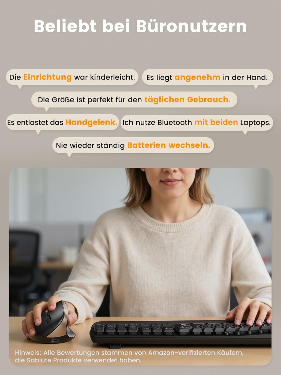 SABLUTE MAM3 Ergonomische Vertikale Maus, Bluetooth, Wiederaufladbare – Bild 9