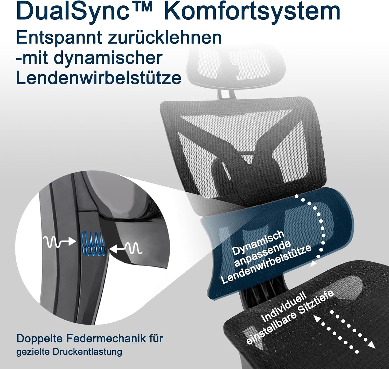 Ergonomischer Bürostuhl Große und Schwere mit Fußstütze, 5D Verstellbare Armlehnen, Lendenstütze, Netz-Rückenlehne, Verstellbare Sitztiefe, Drehbarer Gaming Stuhl Schwarz – Bild 5