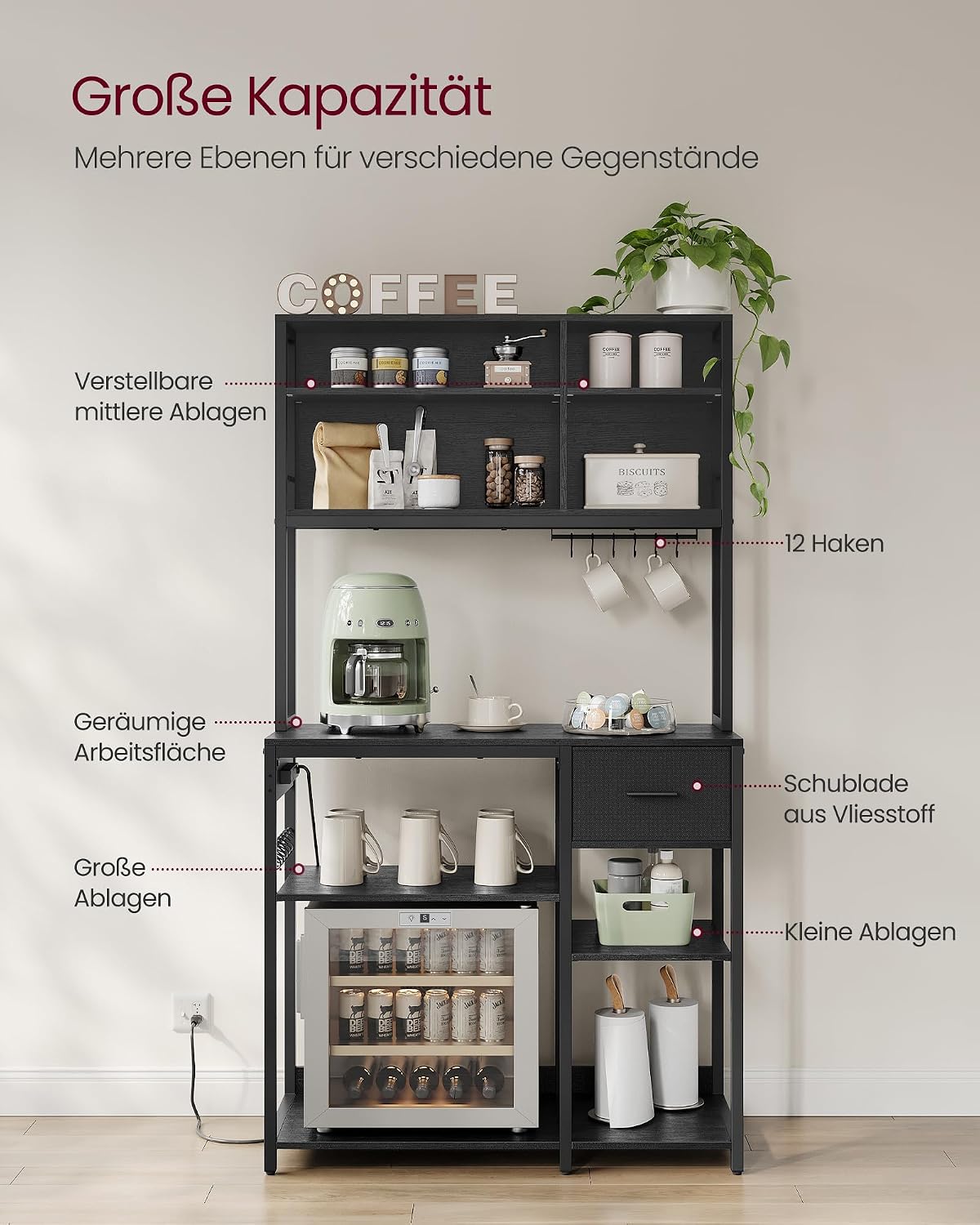 VASAGLE Küchenregal mit Steckdosen, Standregal, 100 x 40 x 180,8 cm – Bild 4