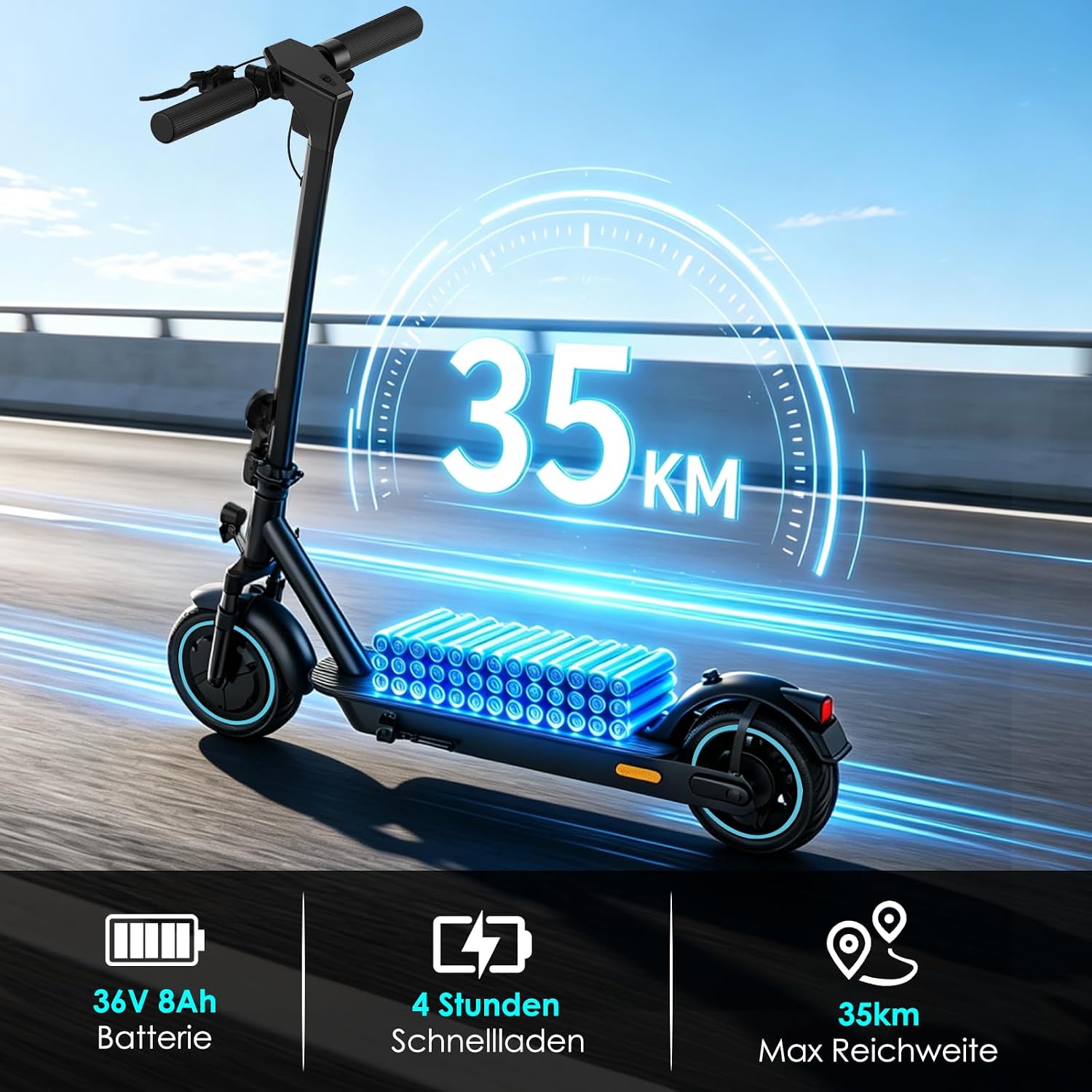 E Scooter mit Straßenzulassung, 500W Spitzenleistung, 10-Zoll Wabenreifen, Elektroroller, Höchstge Schwindigkeit 20 KM/H, 8Ah/12Ah Akku, 35-45 KM Reichweite, Doppelbremse – Bild 3