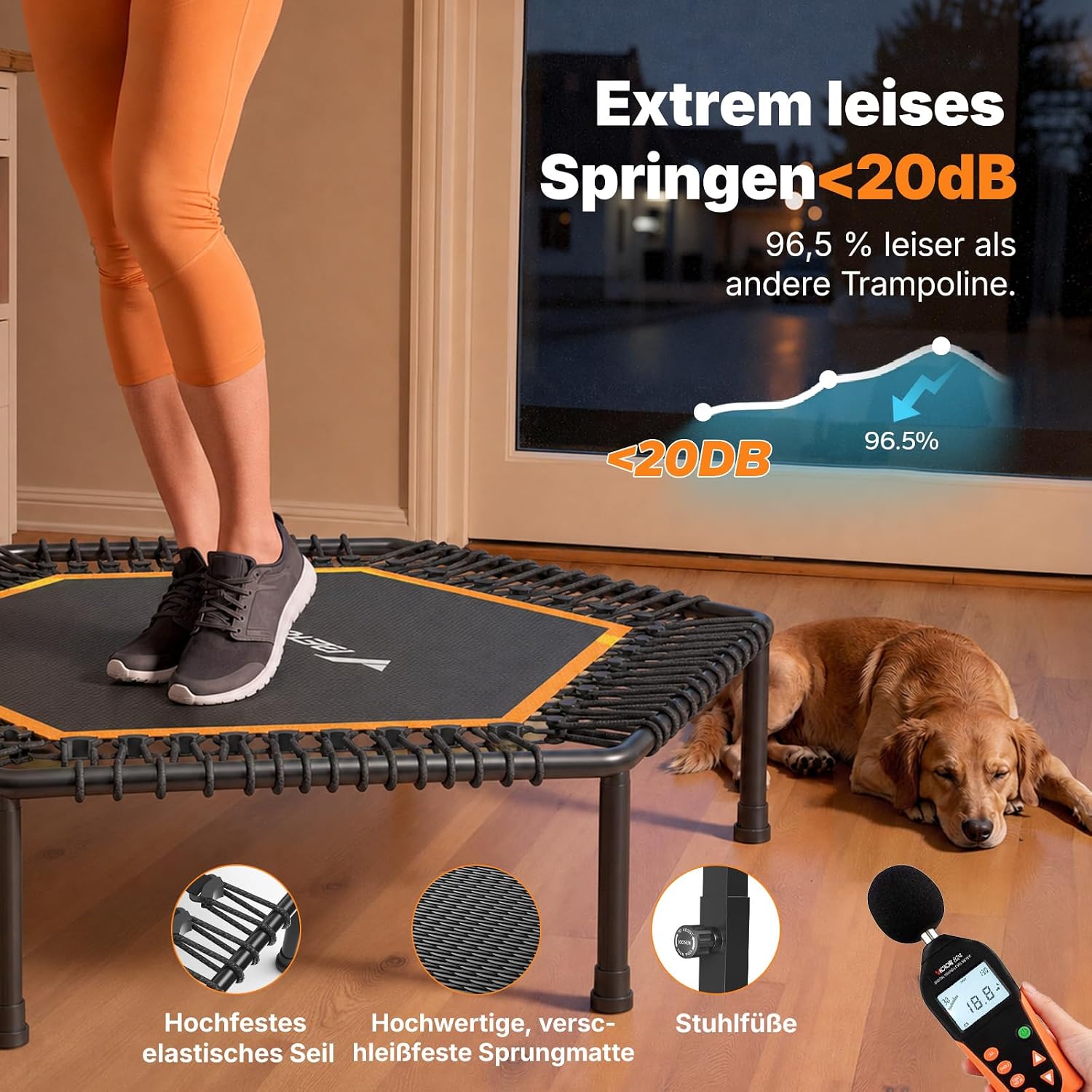MERACH Trampolin Indoor, 122cm Fitness Trampolin, Bungee-Seilen – Bild 3