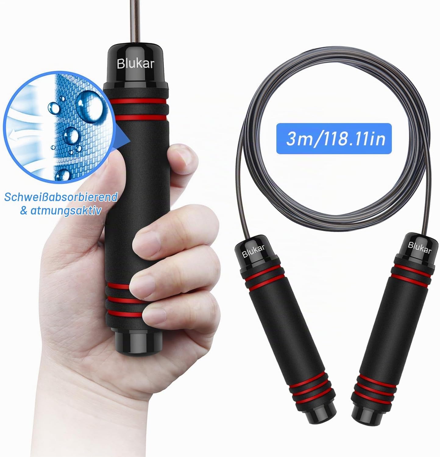 Blukar Springseil, Speed Rope Verstellbar mit Hautfreundlich Schaum Griffe – Bild 5