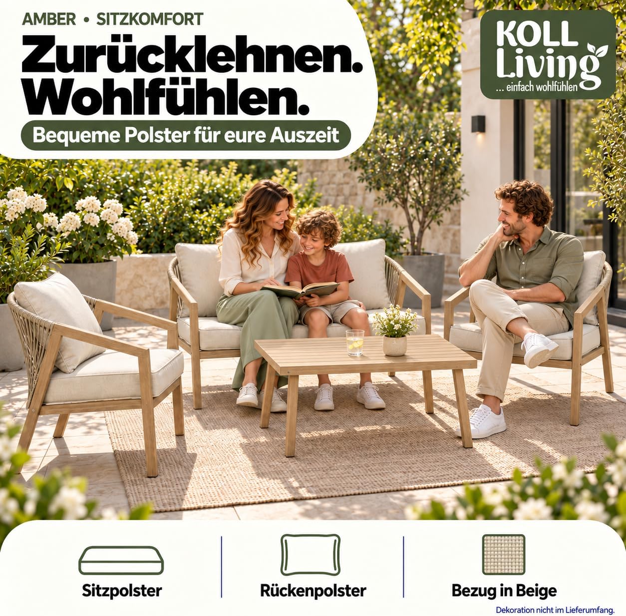 Koll Living Lounge-Set Amber | Outdoor Sitzgruppe mit Gartensofa, Gartensesseln & Tisch | Stahlgestellt in Holzoptik | Wetterfest & UV-beständig | Mix & Match Gartenlounge Beige/Braun – Bild 3