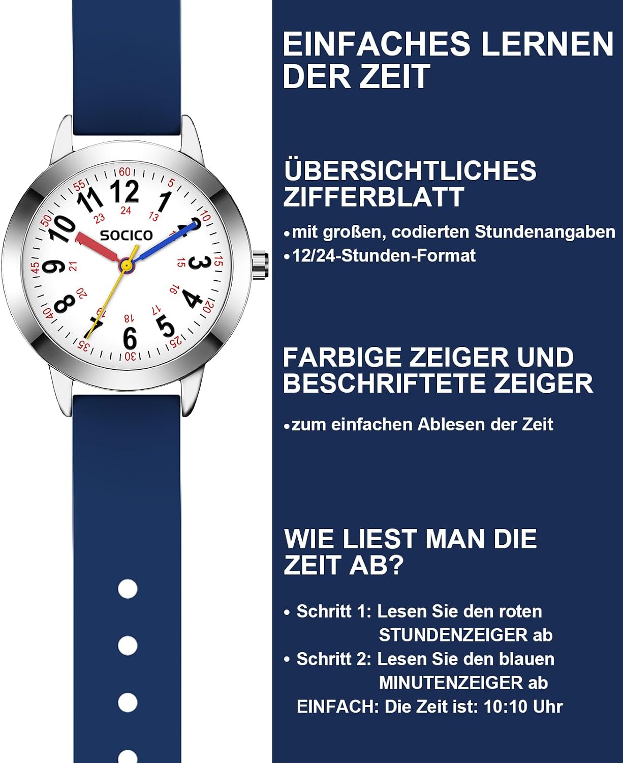 SOCICO Kinder Lernuhr Armbanduhr wasserdichte Analoguhr für Mädchen Jungen – Bild 3
